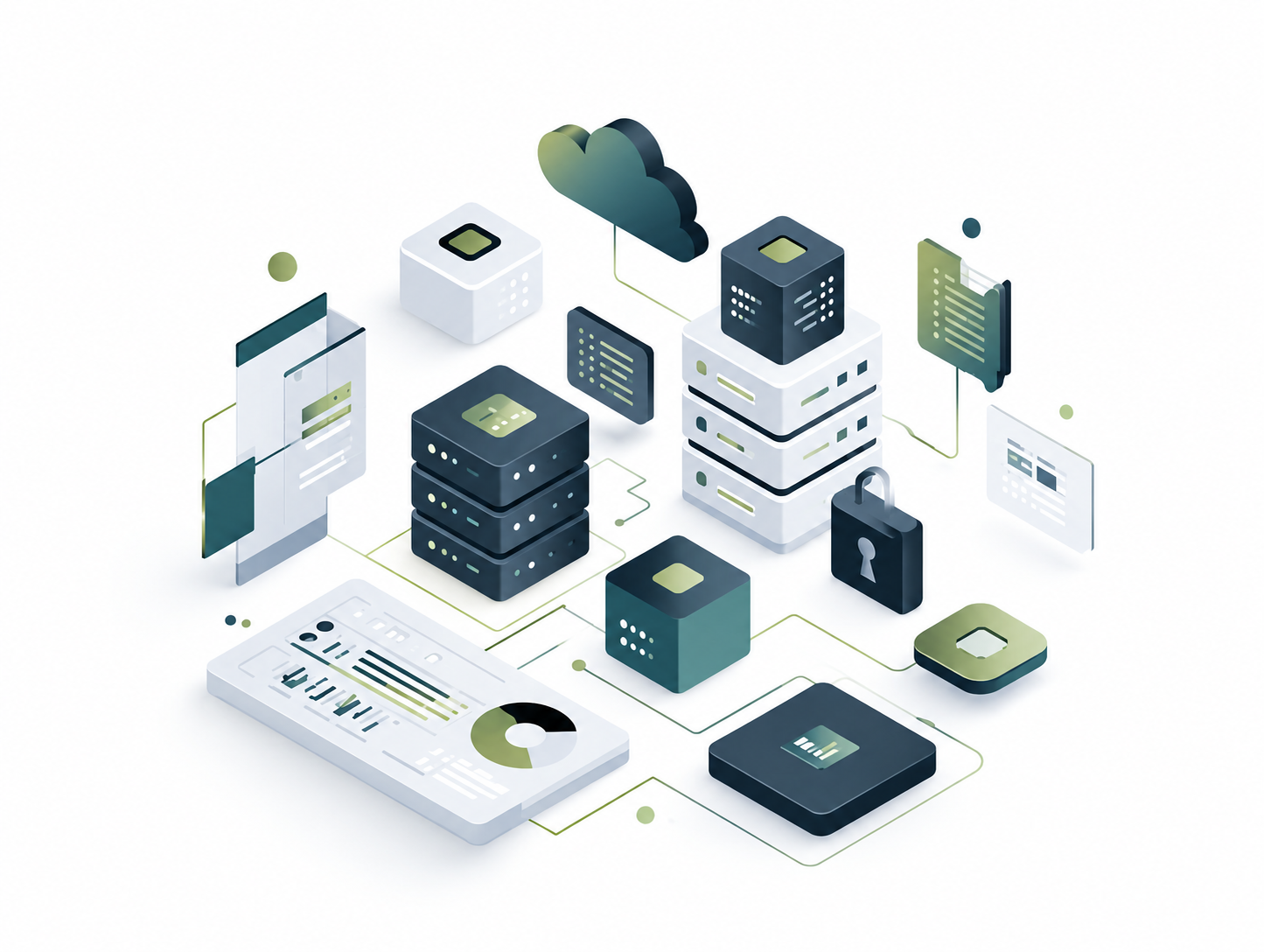 Isometric illustration of interconnected servers, cloud infrastructure, data dashboards and security elements in navy, teal and sage green.