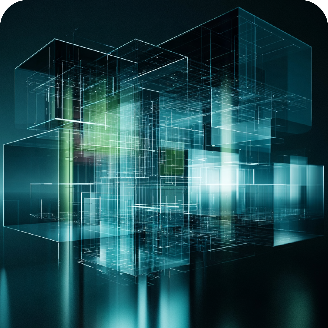 Abstract layers of translucent glass panels with interconnected lines, representing AI strategy, data organization and technology planning.