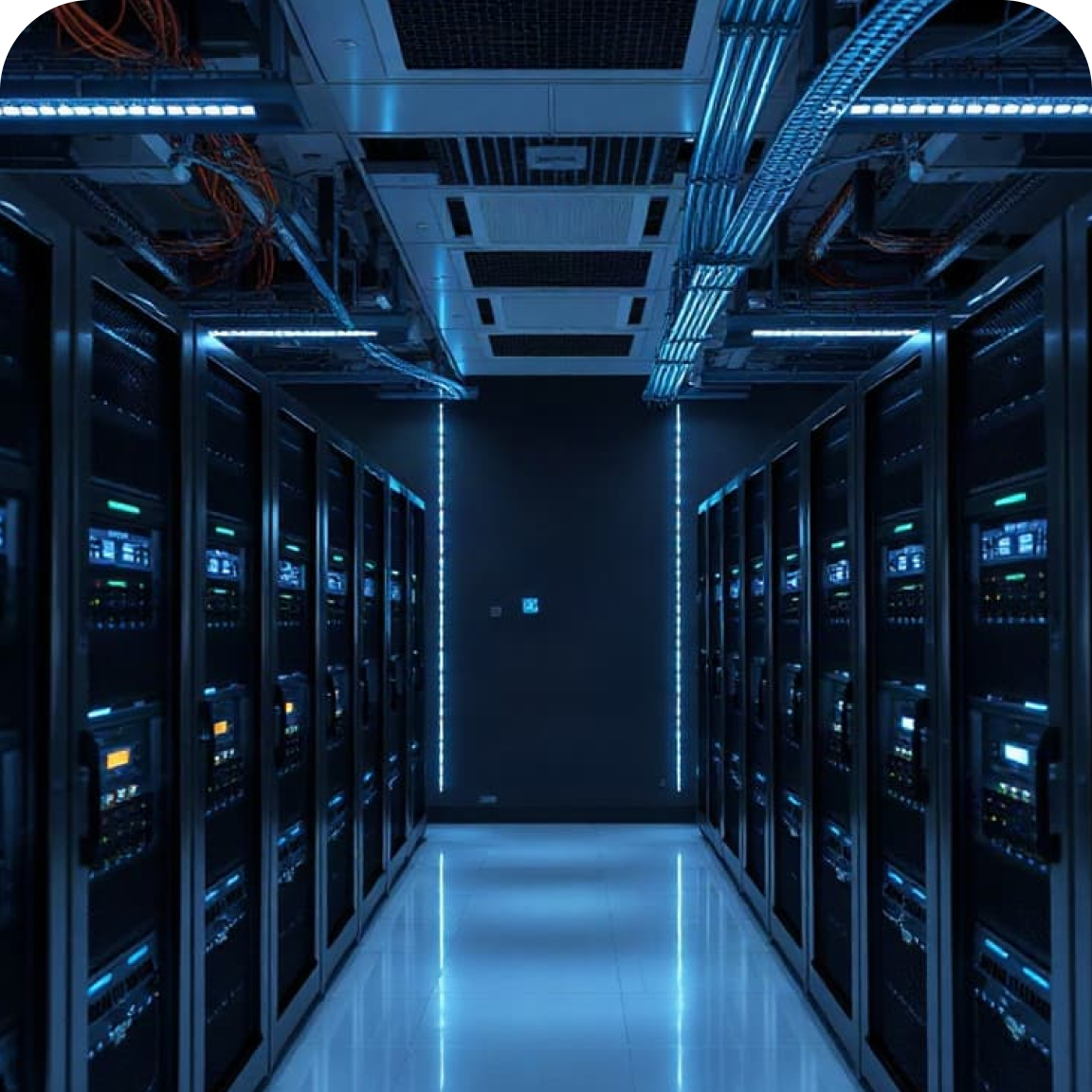 Modern data center with rows of illuminated server racks representing enterprise data infrastructure.